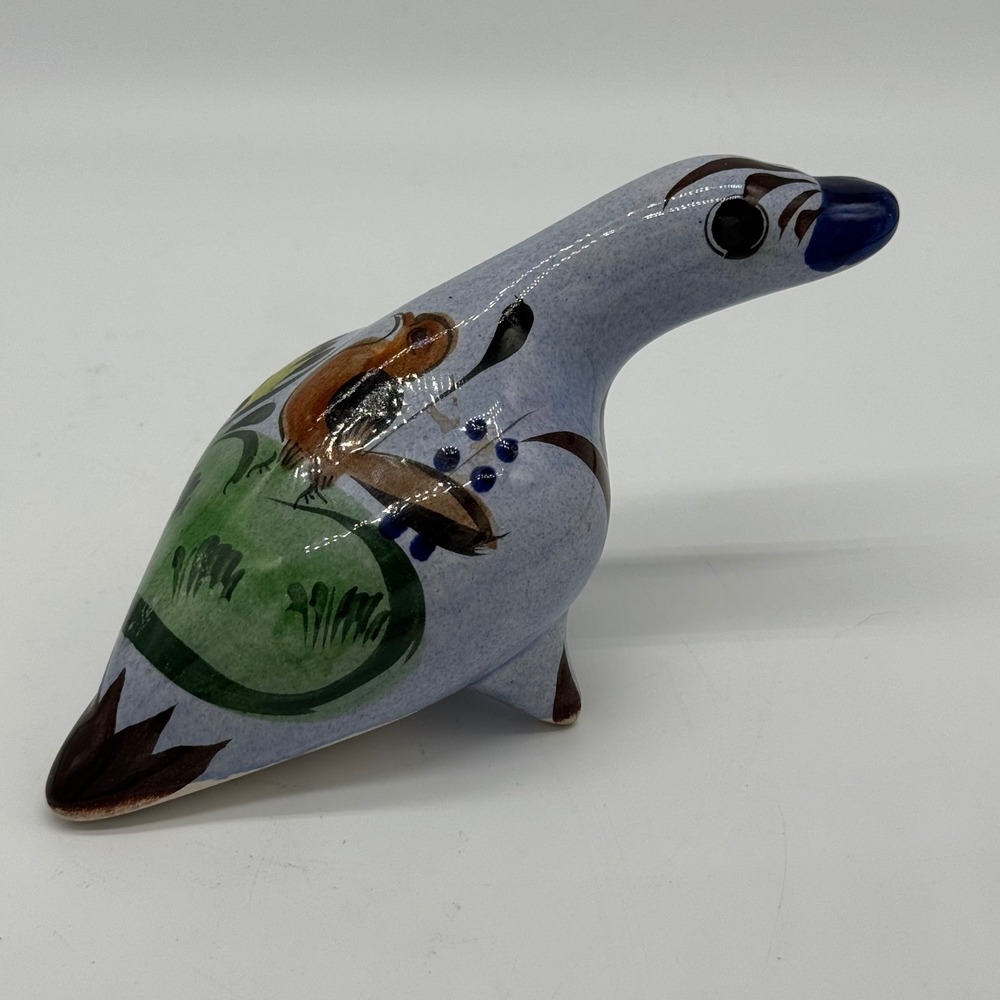 Vintage Tonala Mexican Pottery Duck Figurine Hand Painted Folk Art Mexico 8x3"